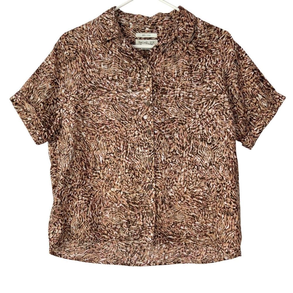 Rachel Zoe Brown Animal Print Linen Button Down Top Small Short Sleeve Collared